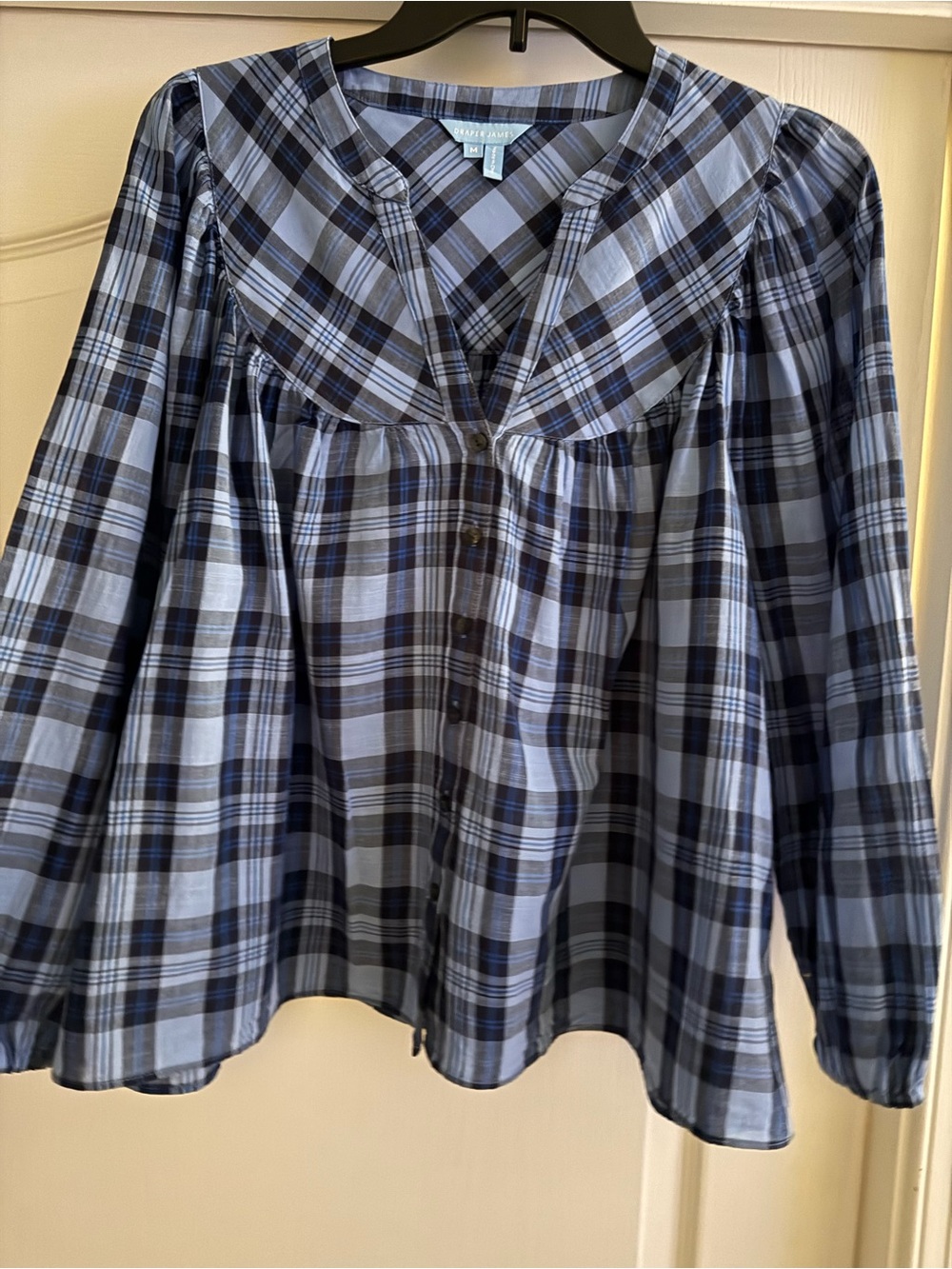 Draper James Light Blue and Navy Plaid Swing Top